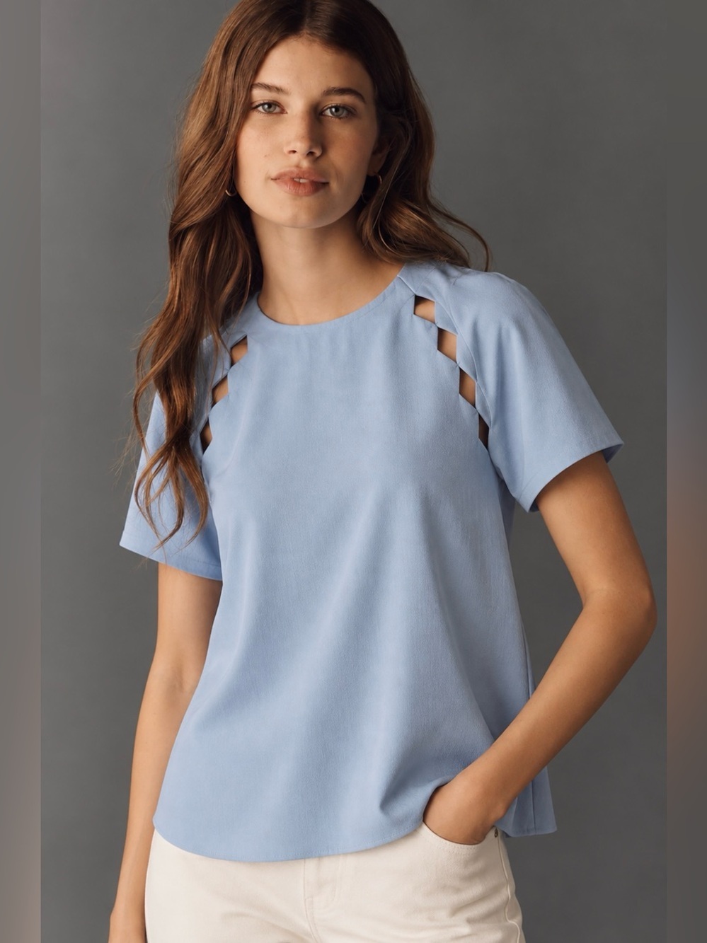 Rebecca Vallance Light Blue Cutout Short Sleeve Blouse Top Elegant Chic Size 2